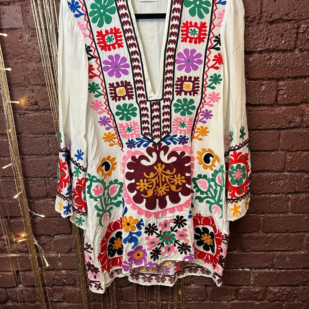 Unif Tunic Style Embroidered Dress with Bell Sleeves Size S